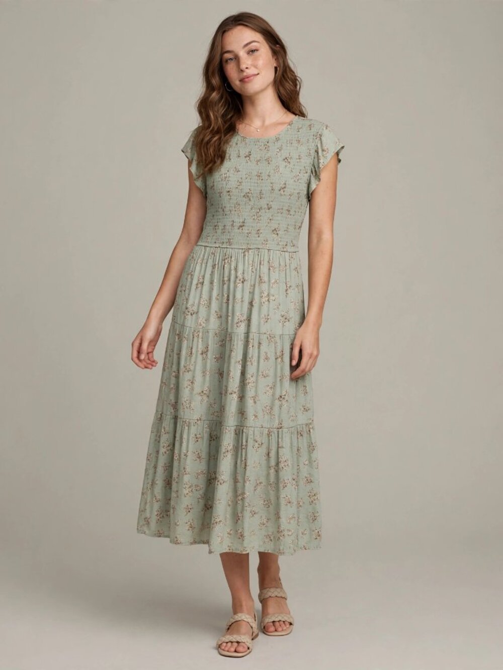 By The River Floral Smocked Tiered Midi Dress Sage M